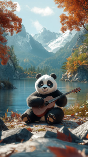 3D panda playing guitar by the...