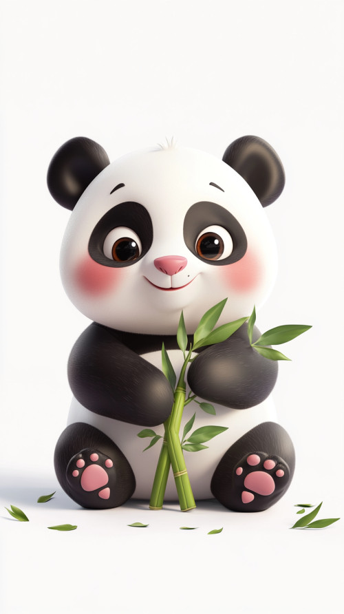 3D pink cheeked panda playing with bamboo branches