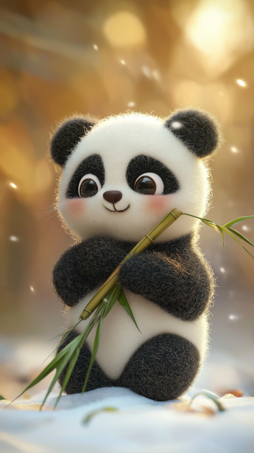 An adorable 3D felt-style panda cradles bamboo