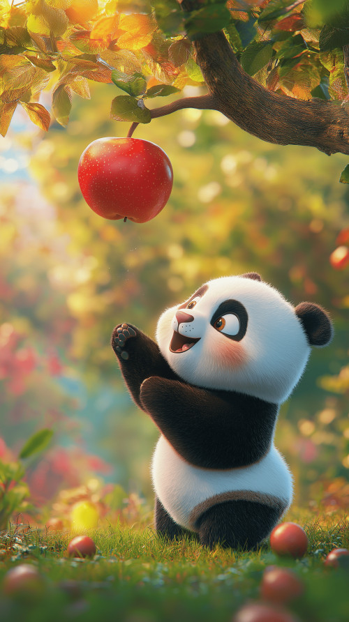 Little panda excitedly picking apples