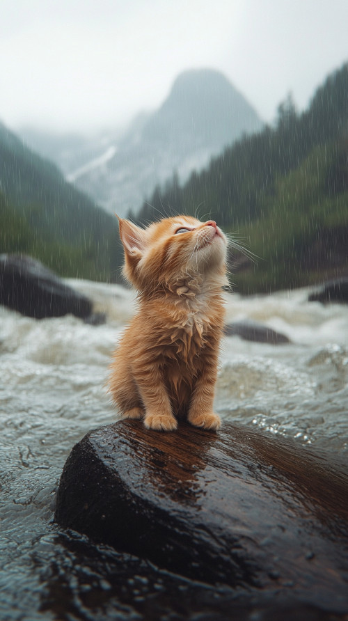 Worried Eyes in the Storm, Kitten on the River Rock