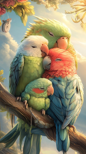 4 mother and baby parrots slee...