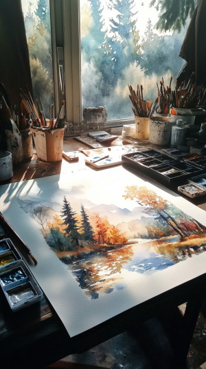 An artist's work corner with a...