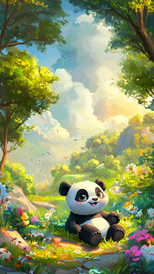 Cartoon baby panda happy in hi...