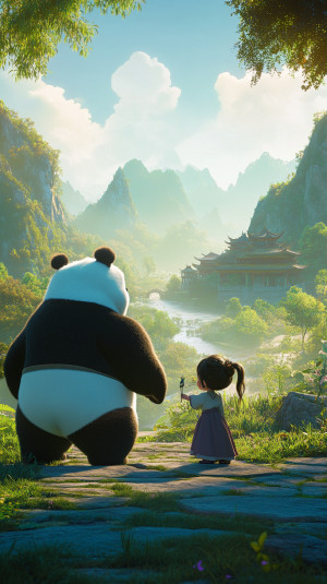 Fat panda and little girl look...