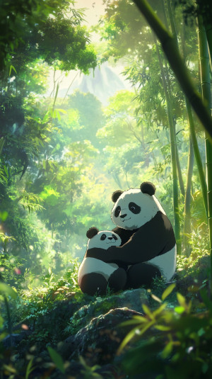 Mother panda hugs baby panda a...