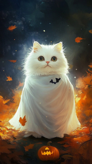 White cat dressed as a ghost o...