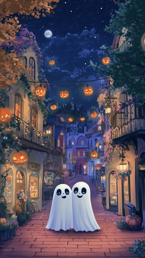 2 ghosts are posing for pictures on the street halloween