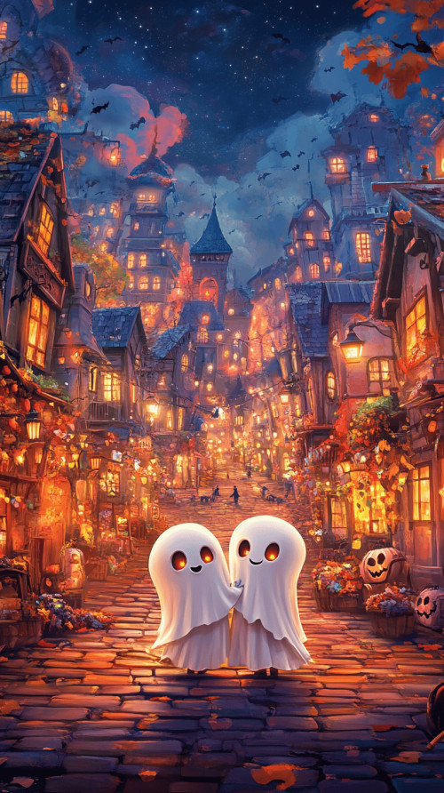 2 ghosts on the road in the spooky town