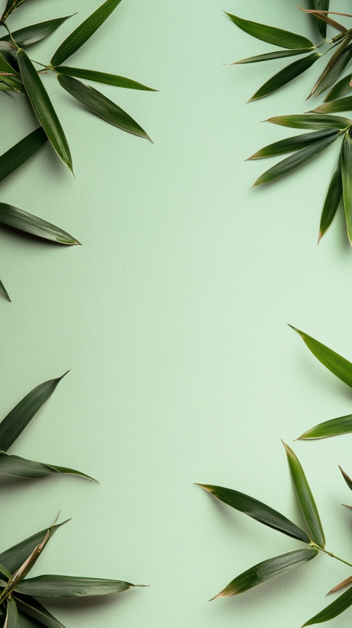 4 bamboo branches on 4 corners of light green background