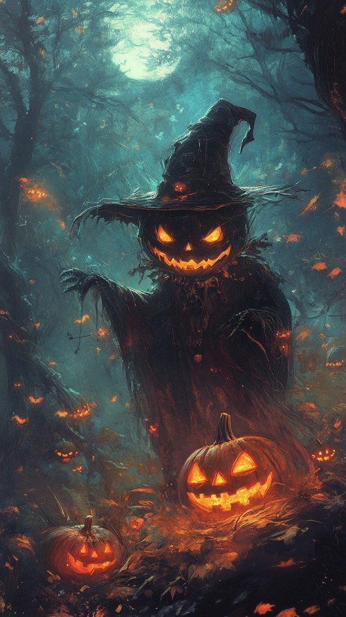 A pumpkin headed demon stands in the middle of the forest