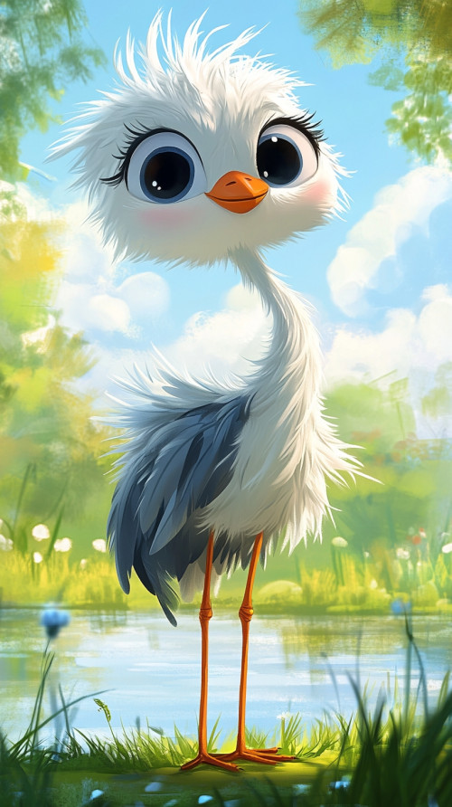 A shaggy-haired baby crane, standing on the grass next to a pond