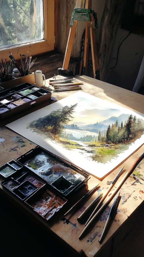 A vibrant watercolor painting adorns the artist's drawing board