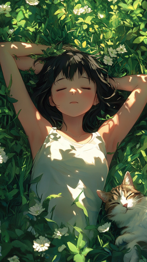 Anime girl and cat sleeping on grass flowers