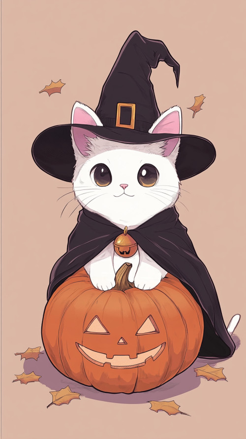 Anime style, cat witch in black cloak holding pumpkin