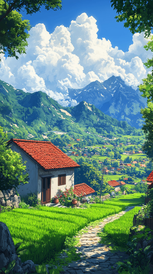 Anime style countryside scene with red roof house