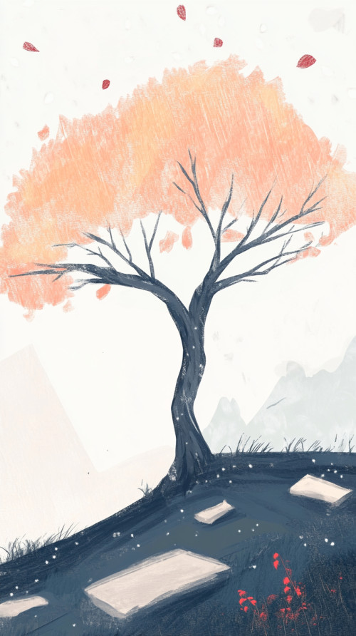 Artistic illustration style, lonely tree by the road