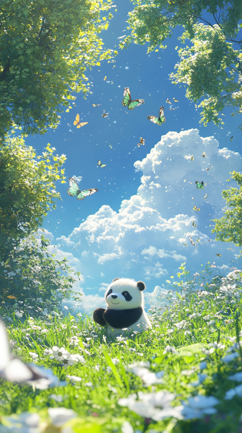 Baby panda chasing some butterflies on green grass, blue sky