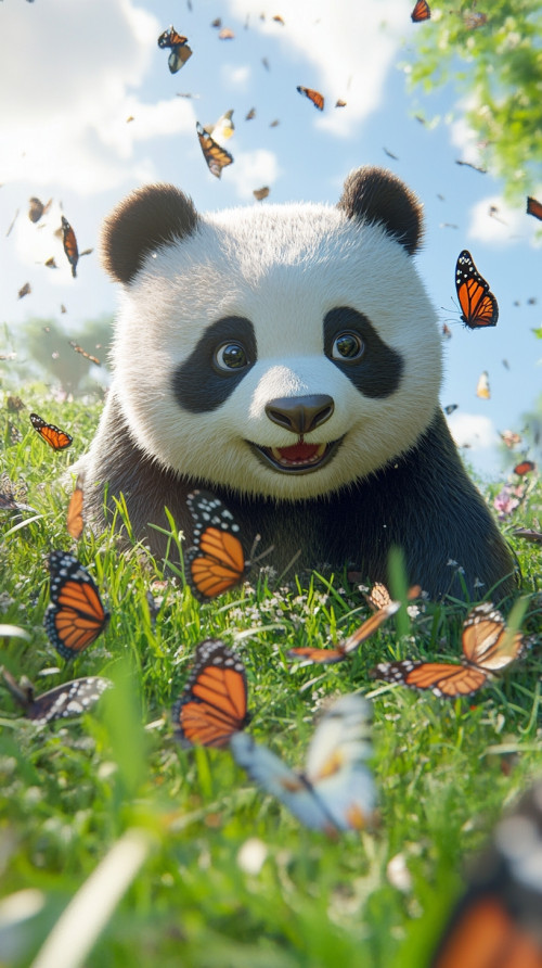 Baby panda innocently plays with butterflies