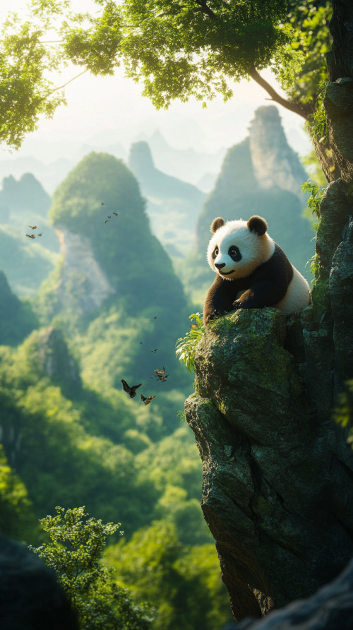 Baby panda playing on cliff with butterflies