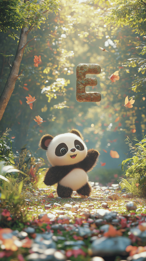 Kawaii baby panda raises hand in greeting on gravel road