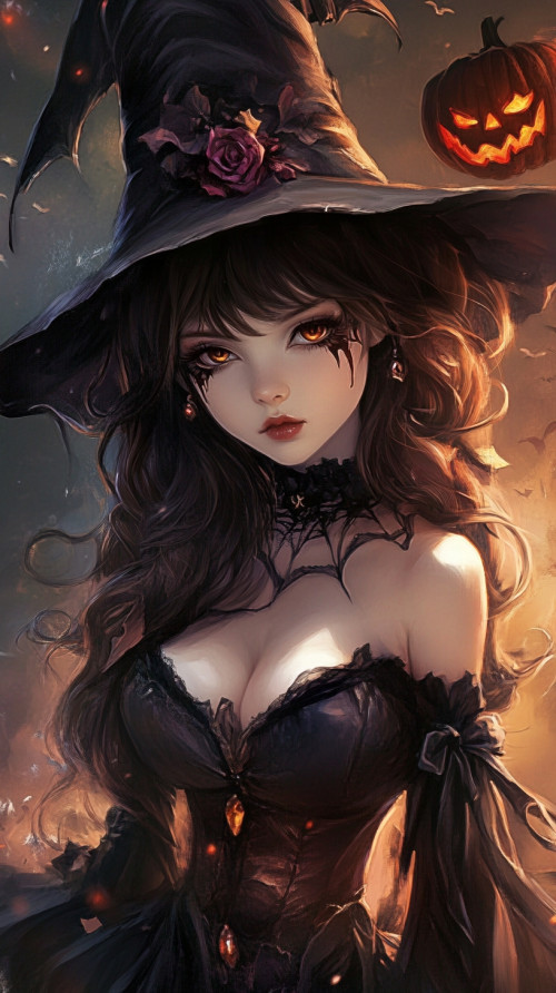 Beautiful anime girl in witch costume and a pumpkin