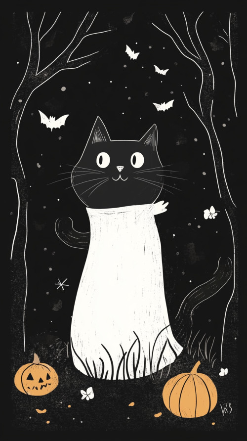 Black cat in white shirt chasing butterflies on Halloween night