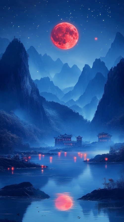 Blood Moon, Mountains, Temple and Stream