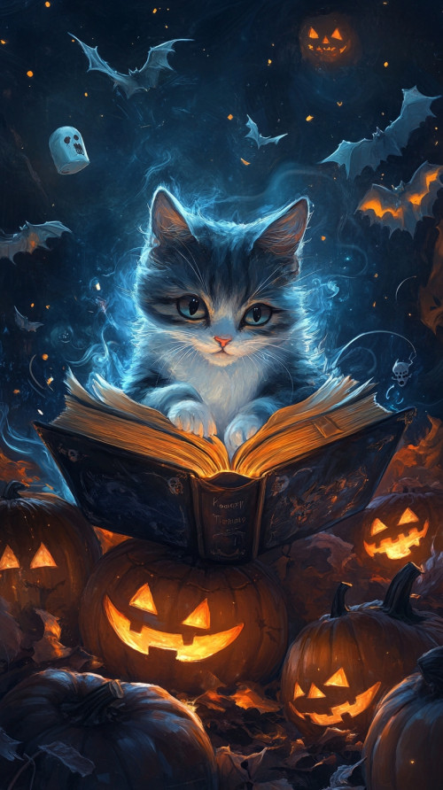 Blue glowing magical cat reading spell from magic book