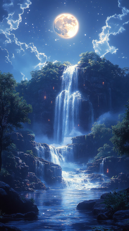 Blue sky, yellow moon and super high waterfall