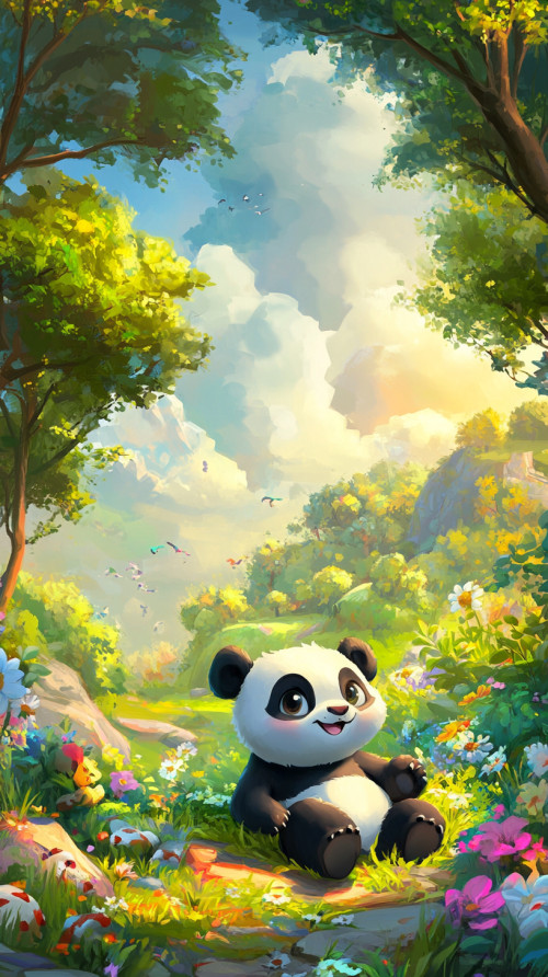 Cartoon baby panda happy in his wonderland