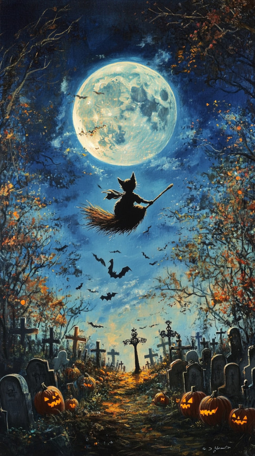 Cat riding a broom, flying around the cemetery, watching the moon