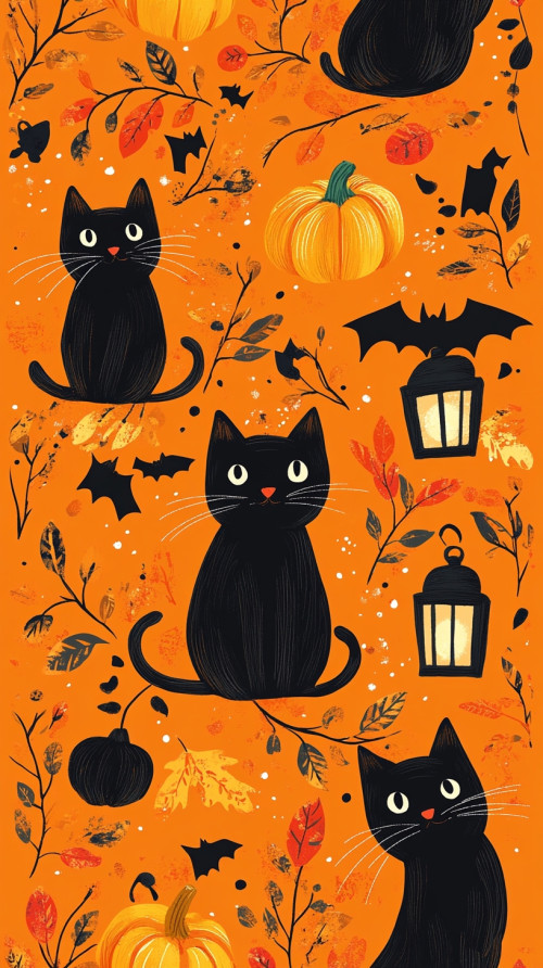 Cats, pumpkins, lanterns and traditional halloween