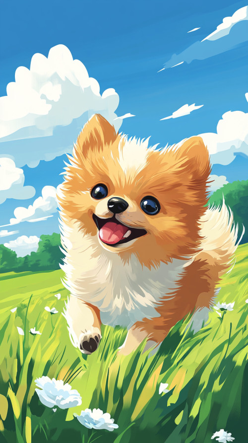 Chihuahua running happily in the field, Pokemon Anime style