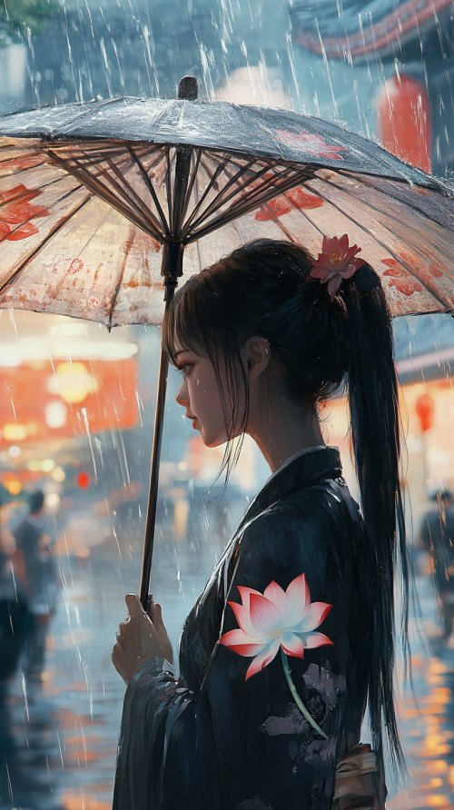 Chinese beauty holding umbrella in the rain on the street