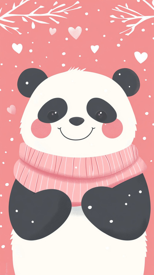 Chubby panda rubbing hands because of cold, pink background