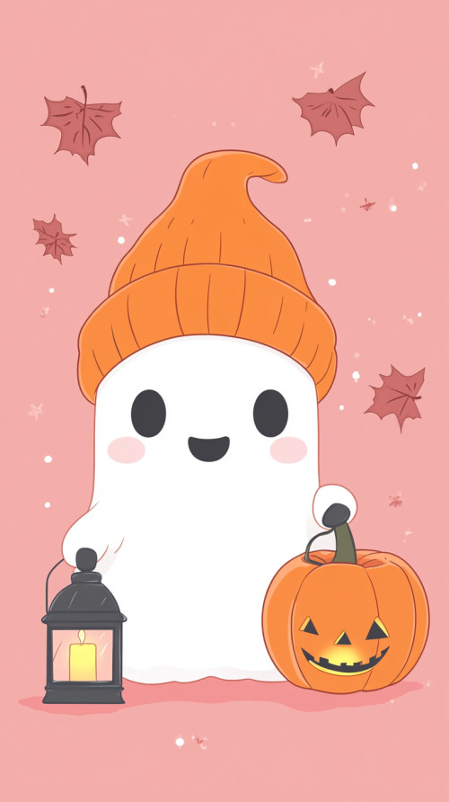 Clipart style, ghost holding candle in one hand, pumpkin in the other