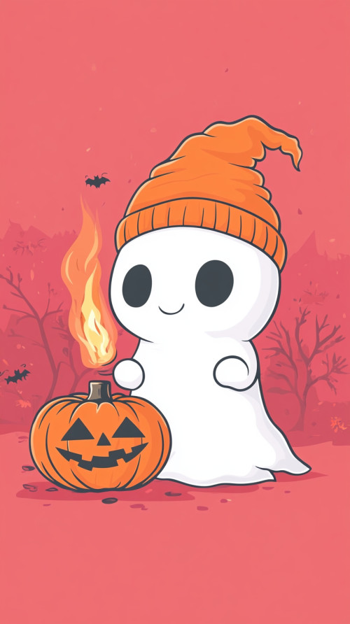 Clipart style, ghost warming himself from a glowing pumpkin