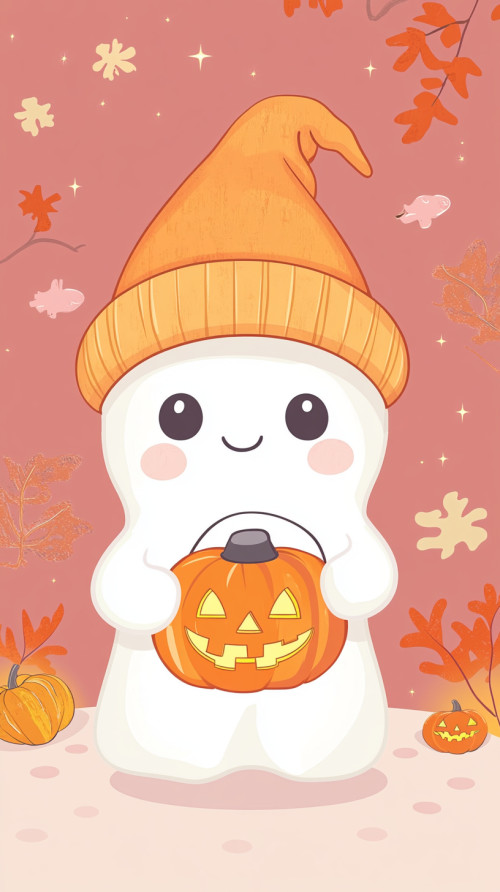 Clipart style, happy ghost wearing beanie holding pumpkin