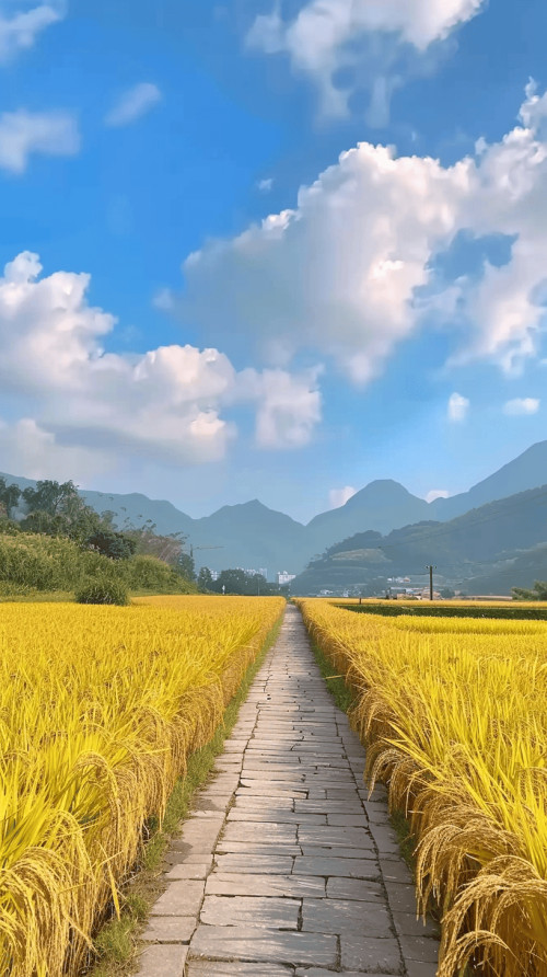 Concrete road cutting across golden rice fields