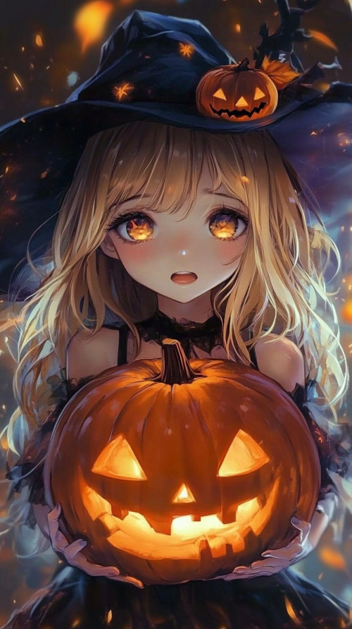 Cute anime girl gives you a pumpkin