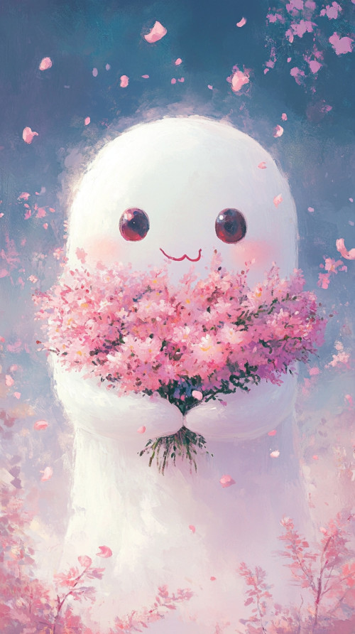 Cute big eyed baby ghost holding heart shaped bouquet