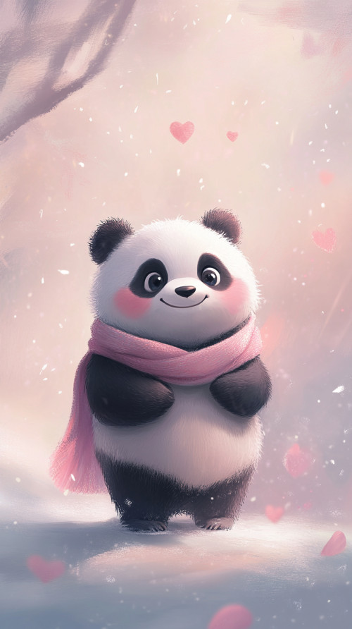 Cute chubby panda, pink scarf around neck, happy smile