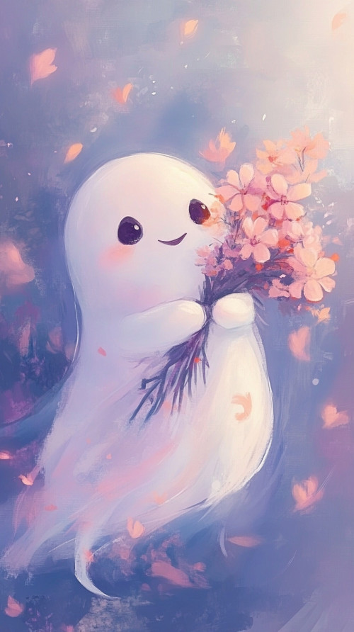 Cute little ghost lovingly hugs a bunch of wild flowers