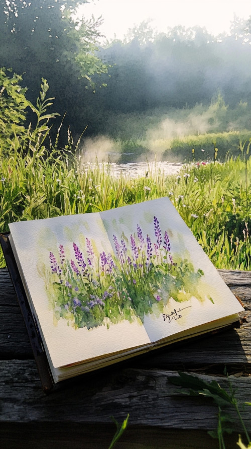 Drawing book placed in the grass garden and lake