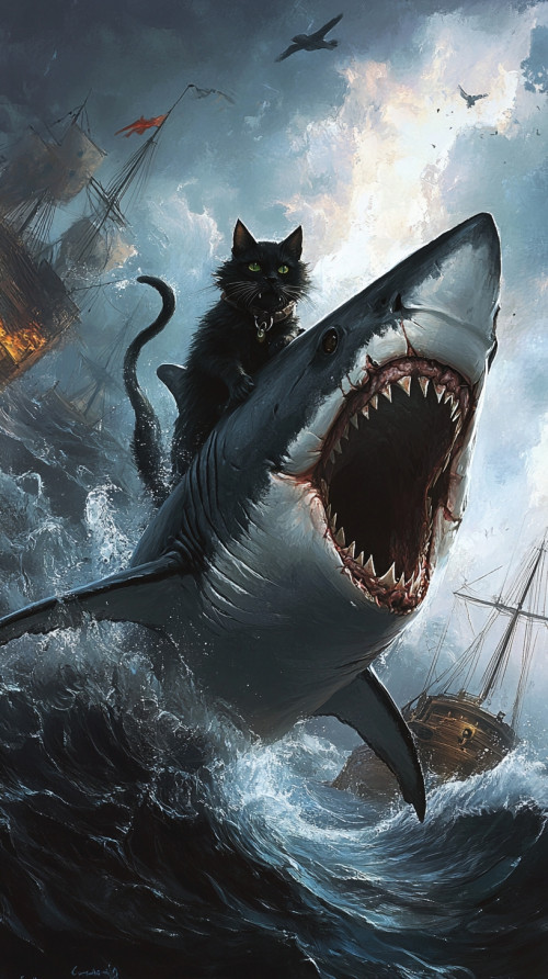 Ferocious black cat rides shark on the sea surface