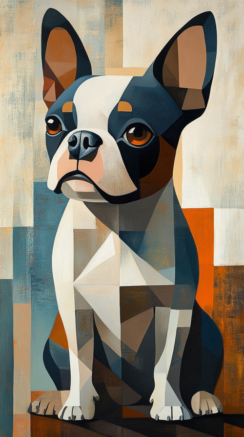 Geometric abstract painting of a sitting Boston terrier