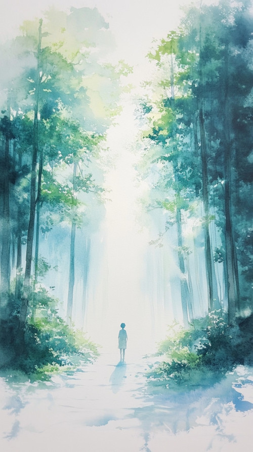 Girl alone in the middle of a forest path, bright sunlight