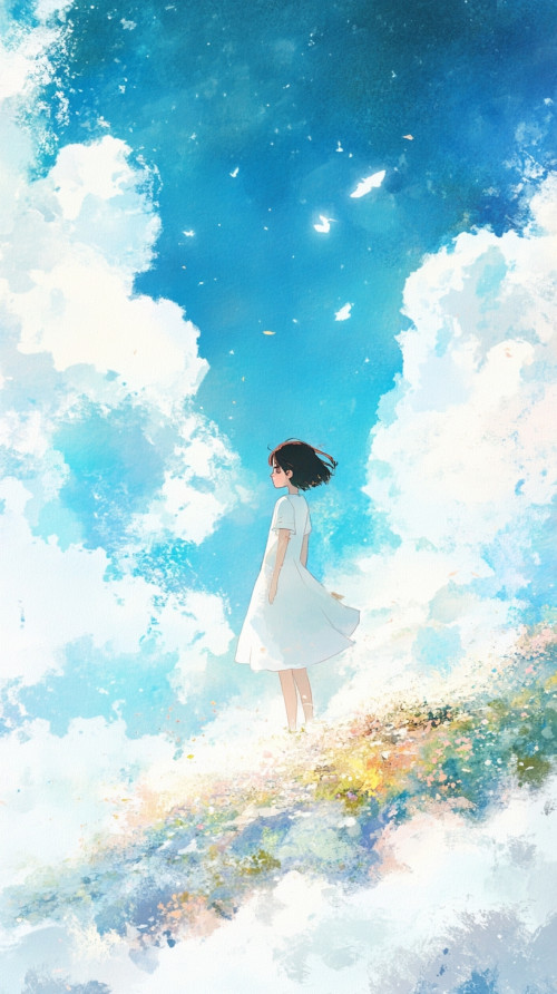 Girl in white dress standing in blue sky full of white clouds