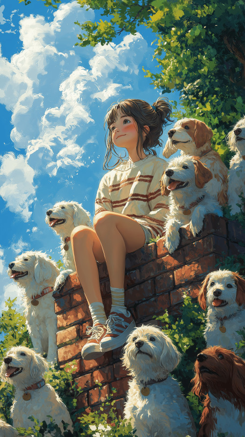 Girl sitting on the wall with white dogs